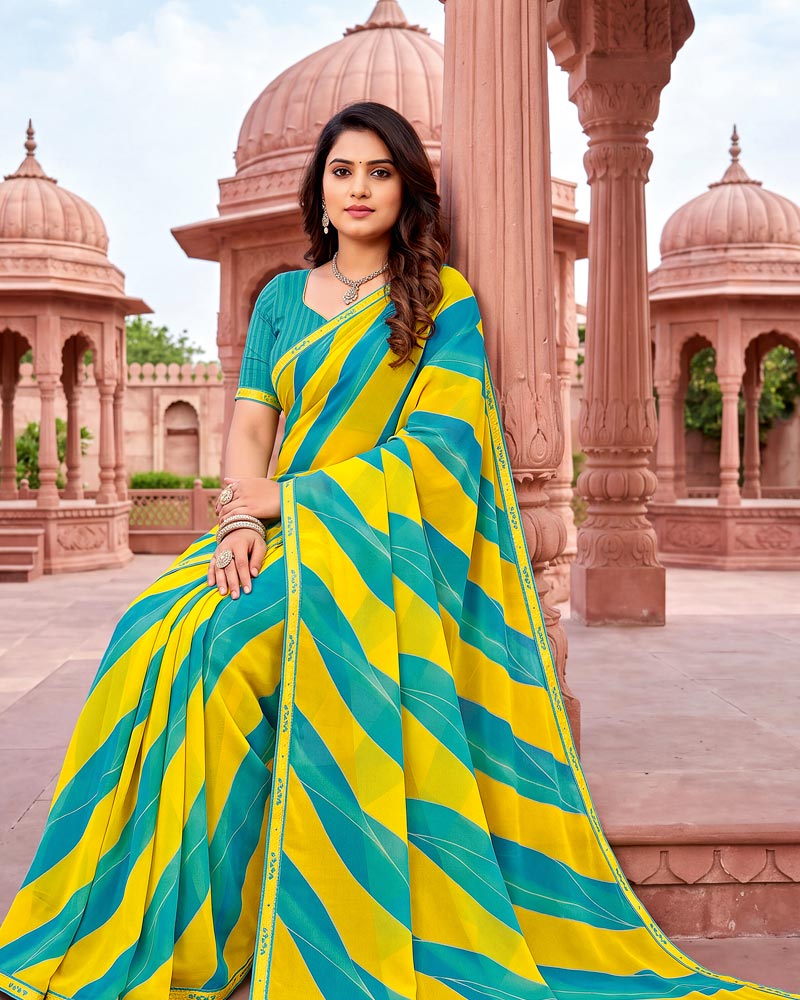 Vishal Prints Pacific Blue And Dark Yellow Printed Georgette Saree With Fancy Border