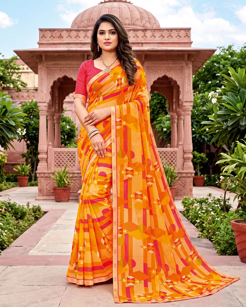 Vishal Prints Multi Orange Printed Georgette Saree With Fancy Border