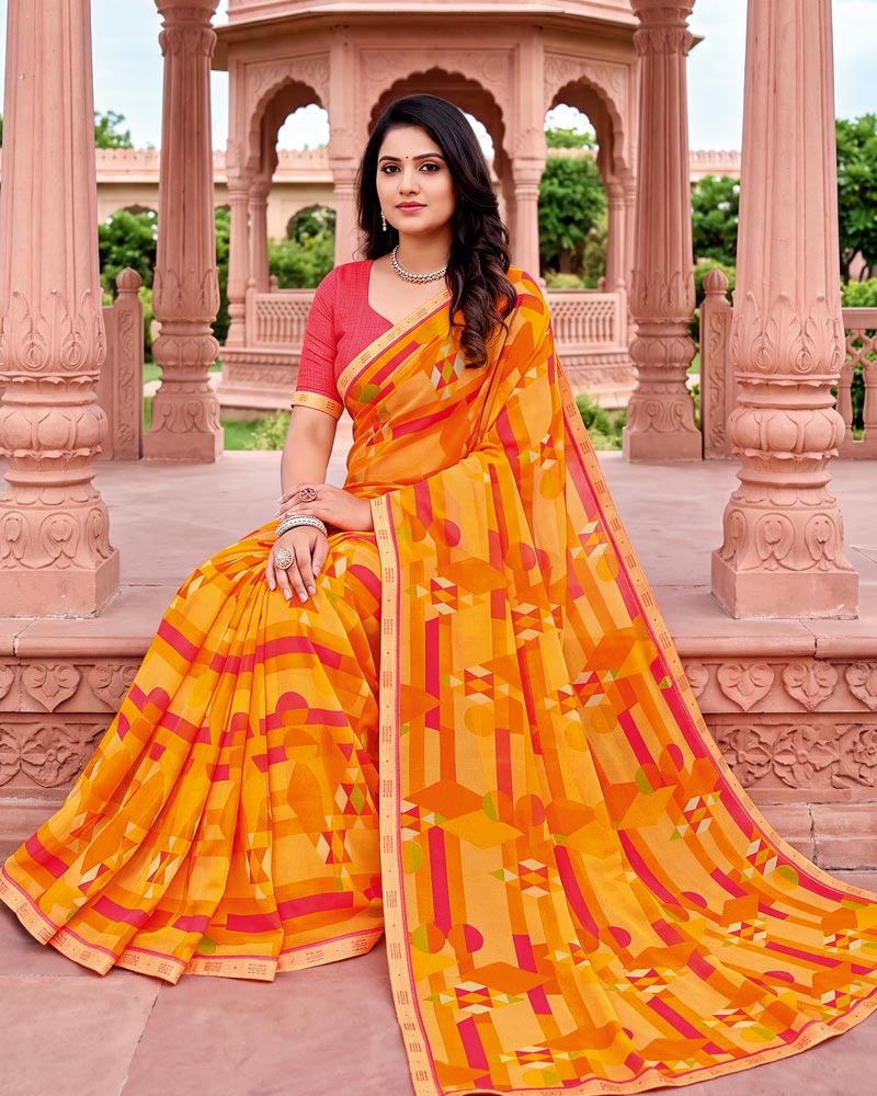 Vishal Prints Multi Orange Printed Georgette Saree With Fancy Border