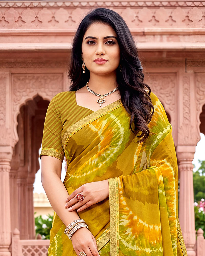 Vishal Prints Yellow Ochre Printed Georgette Saree With Fancy Border