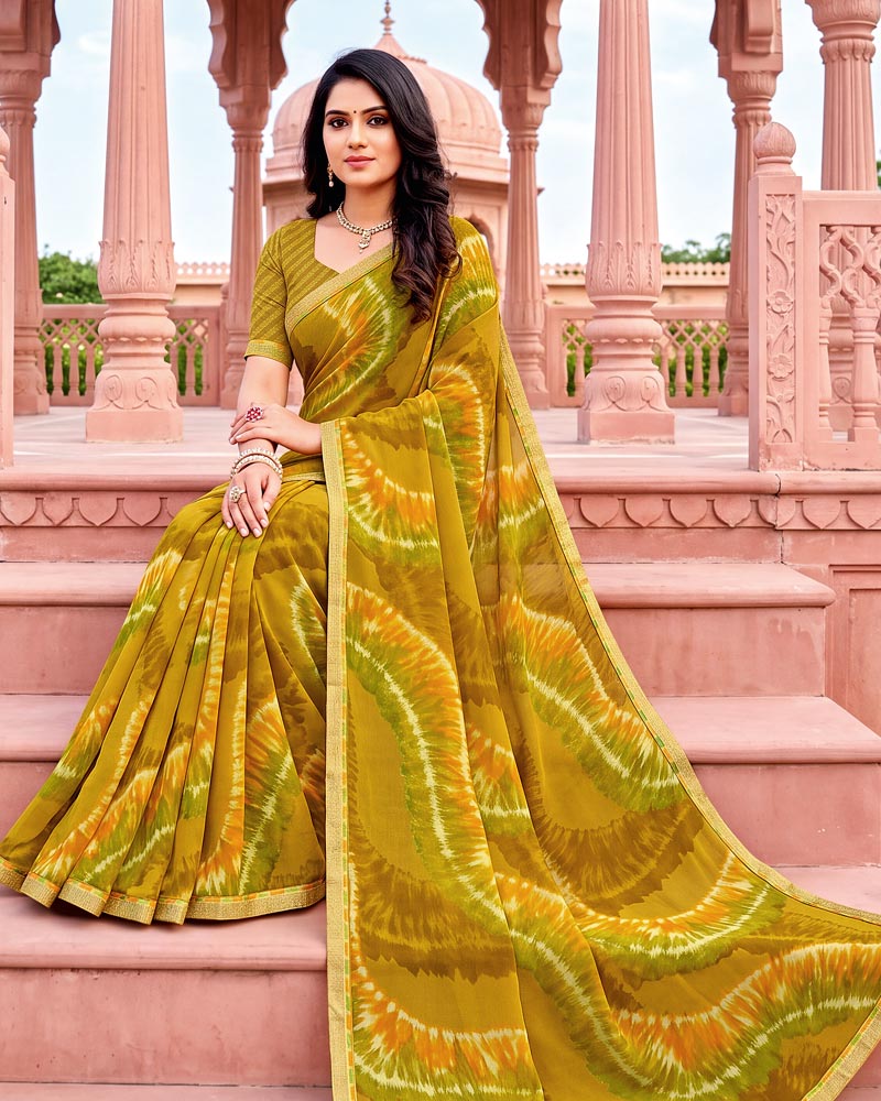 Vishal Prints Yellow Ochre Printed Georgette Saree With Fancy Border