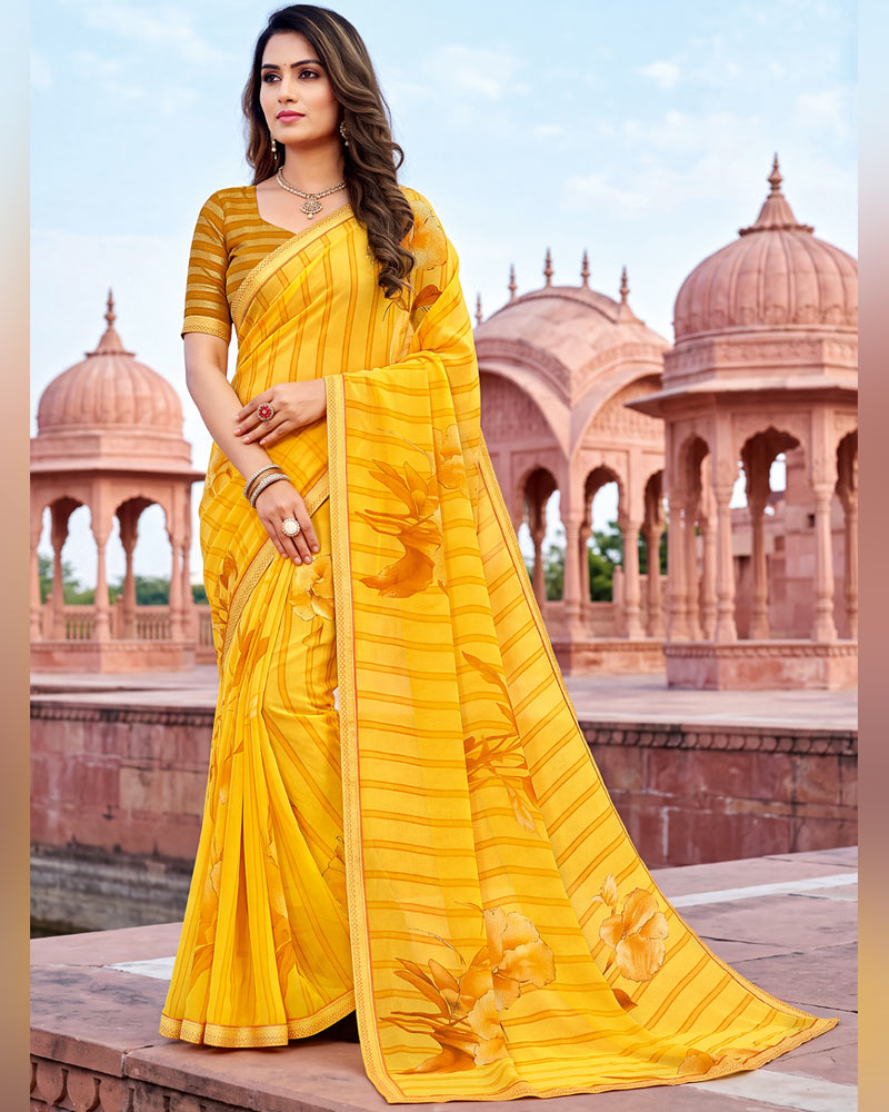 Vishal Prints Golden Yellow Printed Georgette Saree With Fancy Border