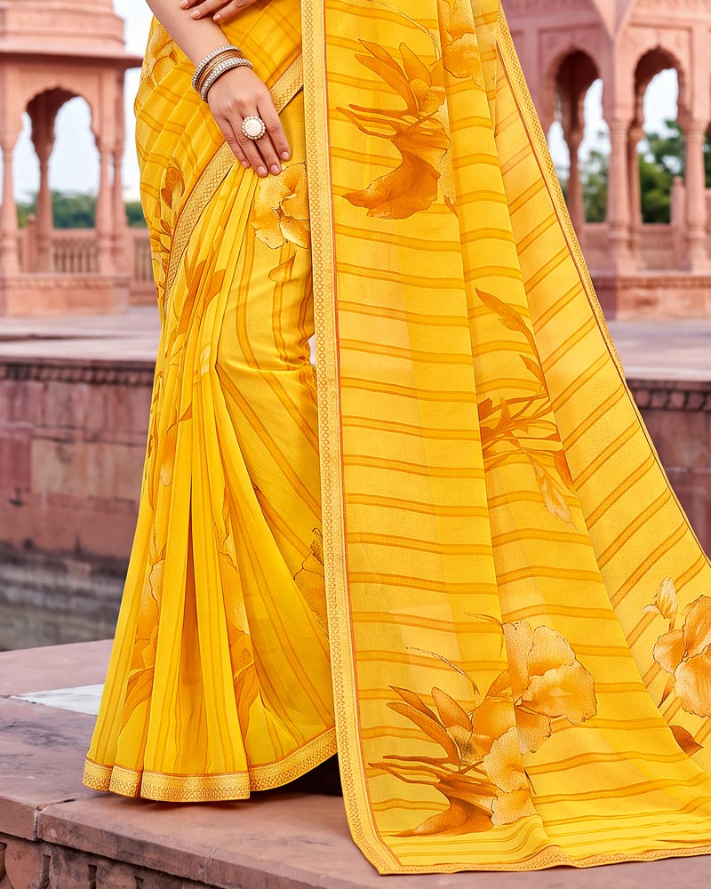 Vishal Prints Golden Yellow Printed Georgette Saree With Fancy Border