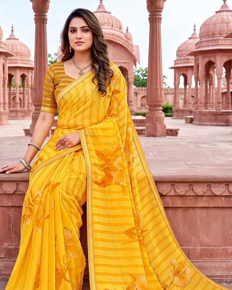 Vishal Prints Golden Yellow Printed Georgette Saree With Fancy Border