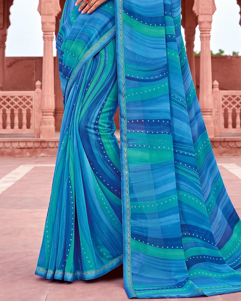 Vishal Prints Deep Sky Blue Printed Georgette Saree With Fancy Border