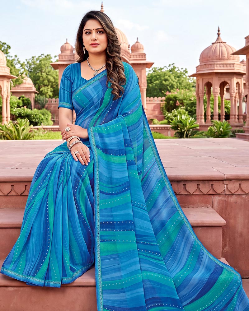 Vishal Prints Deep Sky Blue Printed Georgette Saree With Fancy Border