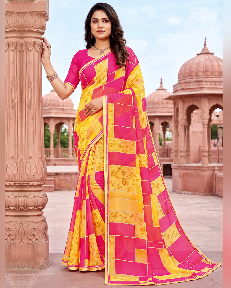 Vishal Prints French Pink And Dark Yellow Printed Georgette Saree With Fancy Border