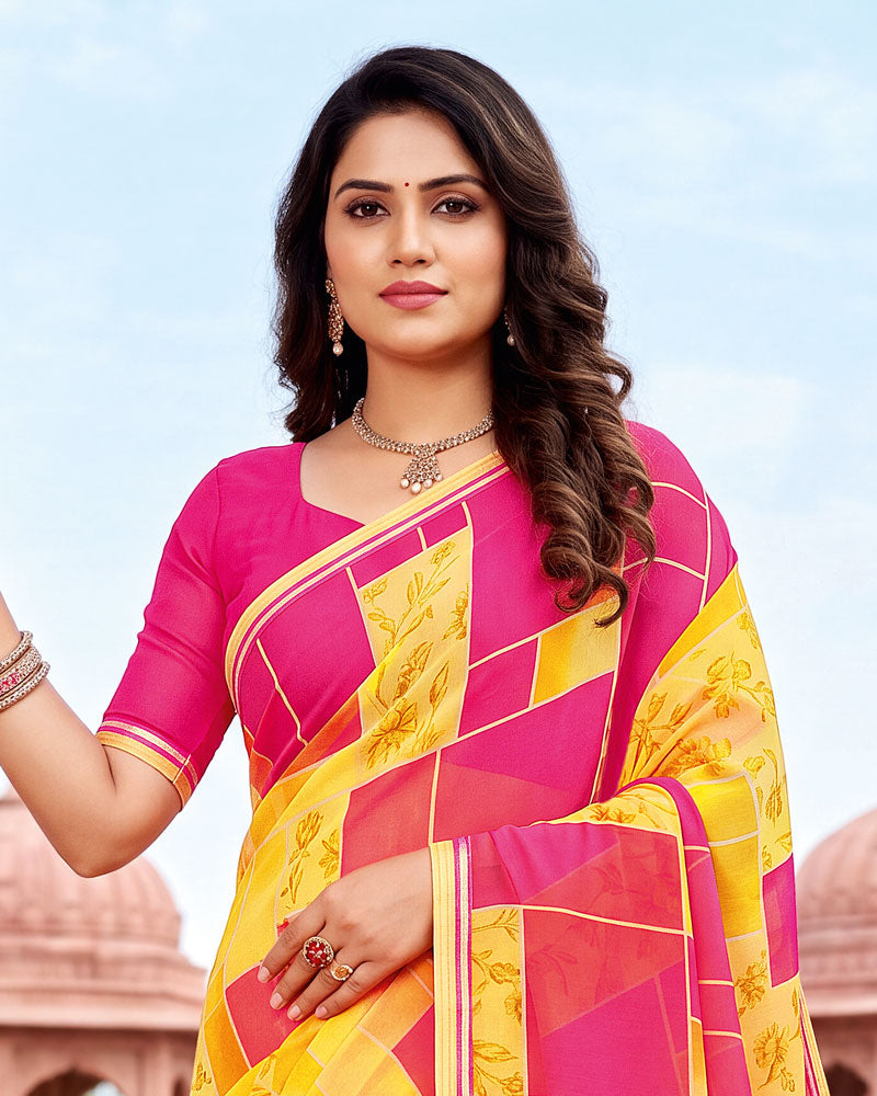 Vishal Prints French Pink And Dark Yellow Printed Georgette Saree With Fancy Border