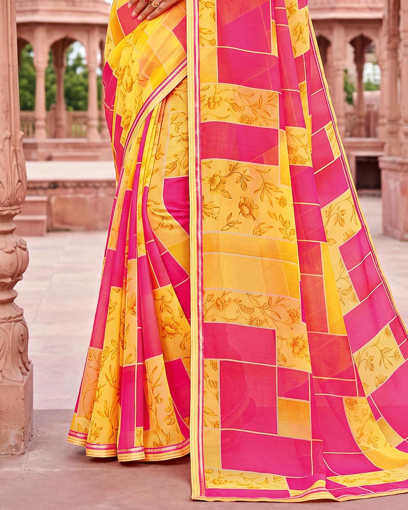 Vishal Prints French Pink And Dark Yellow Printed Georgette Saree With Fancy Border