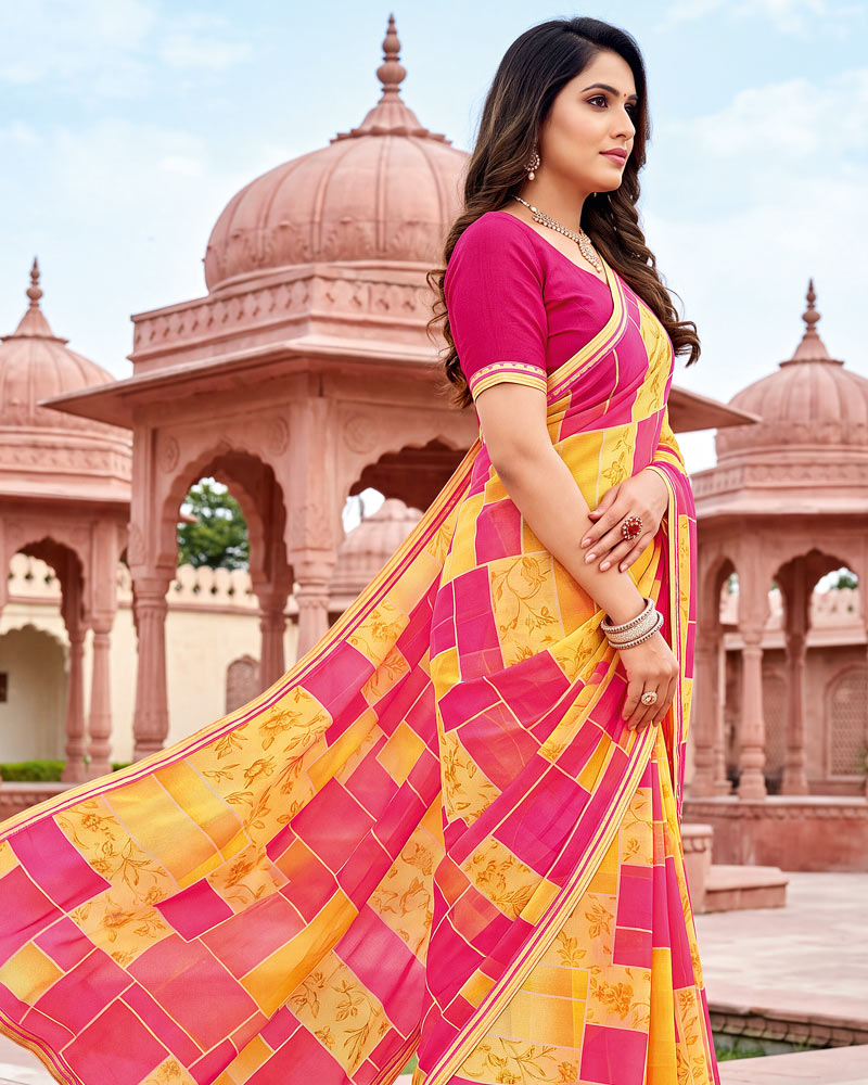 Vishal Prints French Pink And Dark Yellow Printed Georgette Saree With Fancy Border