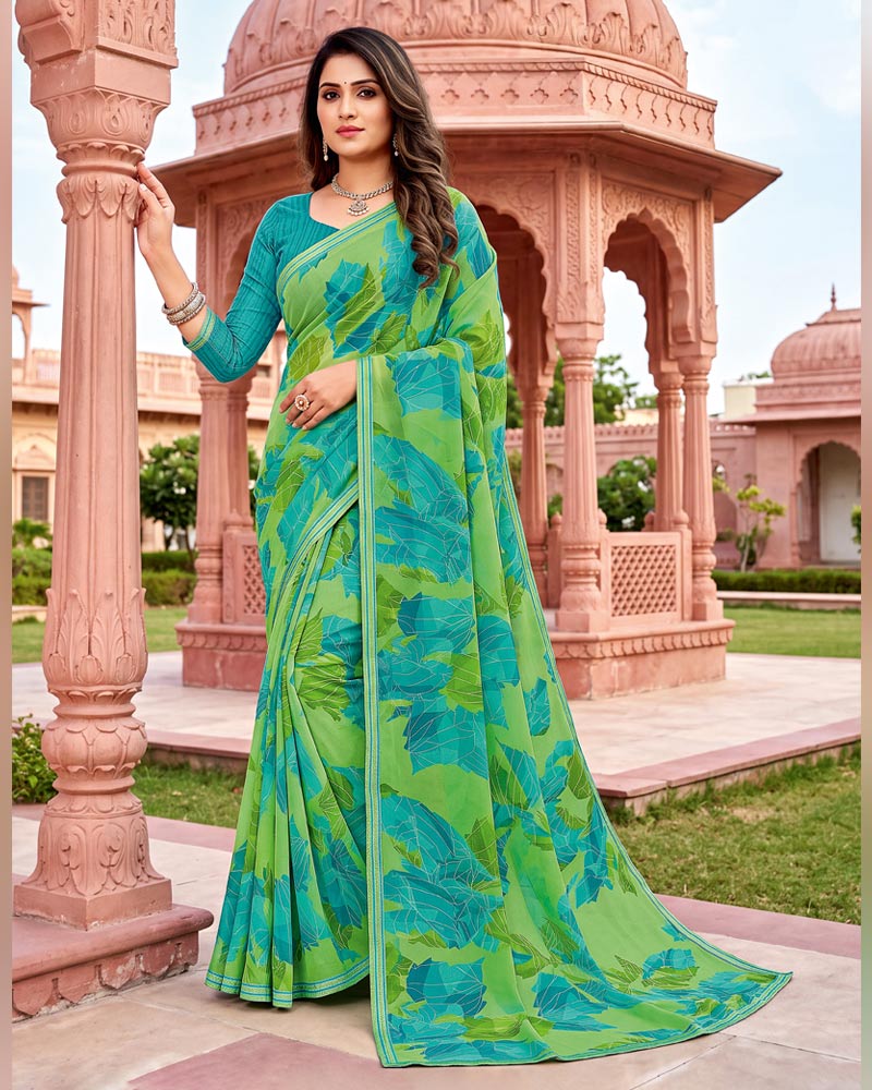 Vishal Prints Persian And Fern Green Printed Georgette Saree With Fancy Border