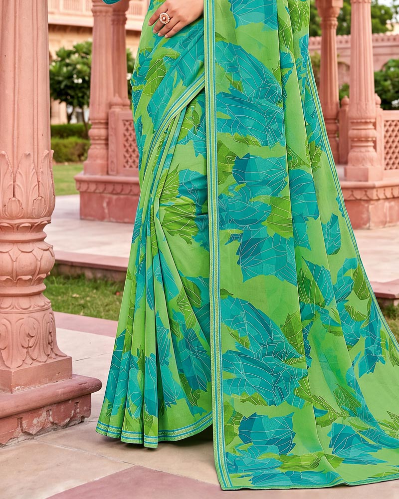 Vishal Prints Persian And Fern Green Printed Georgette Saree With Fancy Border