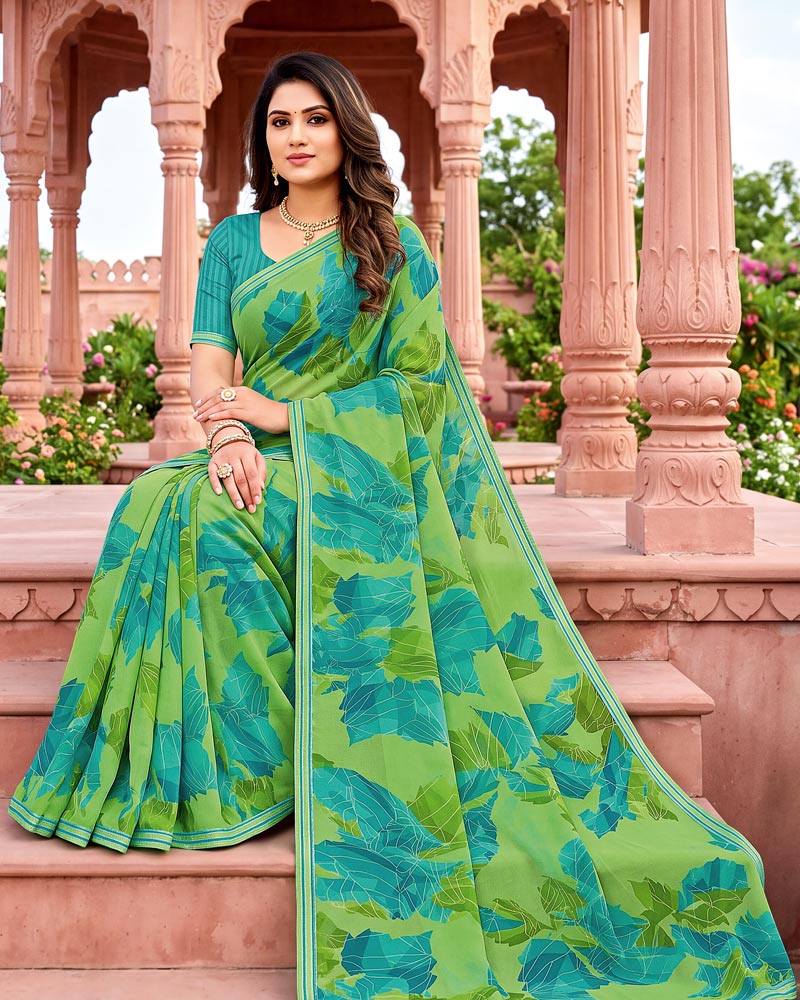 Vishal Prints Persian And Fern Green Printed Georgette Saree With Fancy Border