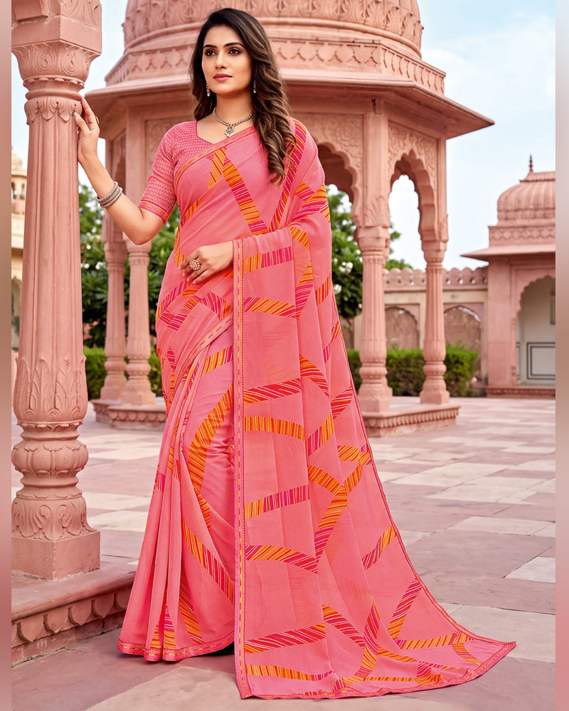 Vishal Prints Dark Peachy Pink Printed Georgette Saree With Fancy Border