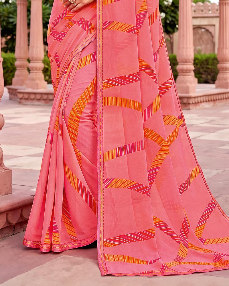 Vishal Prints Dark Peachy Pink Printed Georgette Saree With Fancy Border