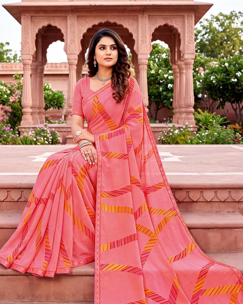 Vishal Prints Dark Peachy Pink Printed Georgette Saree With Fancy Border