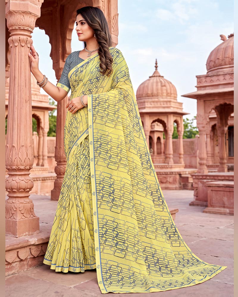 Vishal Prints Pastel Straw Yellow Printed Georgette Saree With Fancy Border