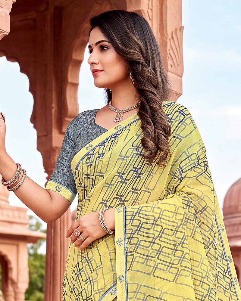 Vishal Prints Pastel Straw Yellow Printed Georgette Saree With Fancy Border