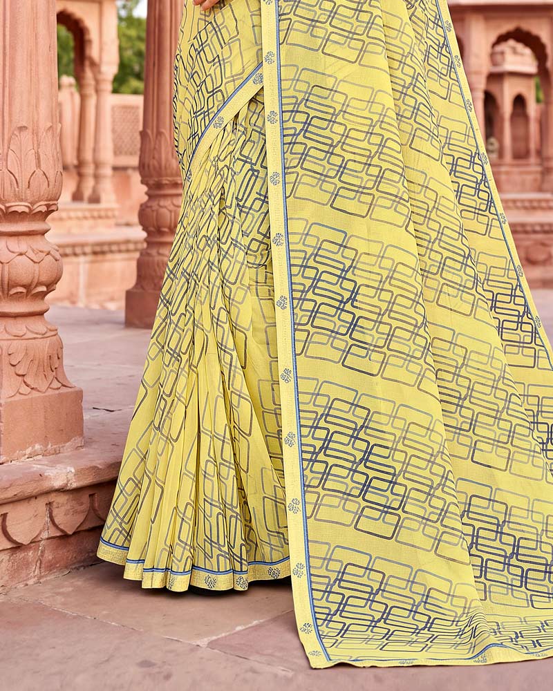 Vishal Prints Pastel Straw Yellow Printed Georgette Saree With Fancy Border