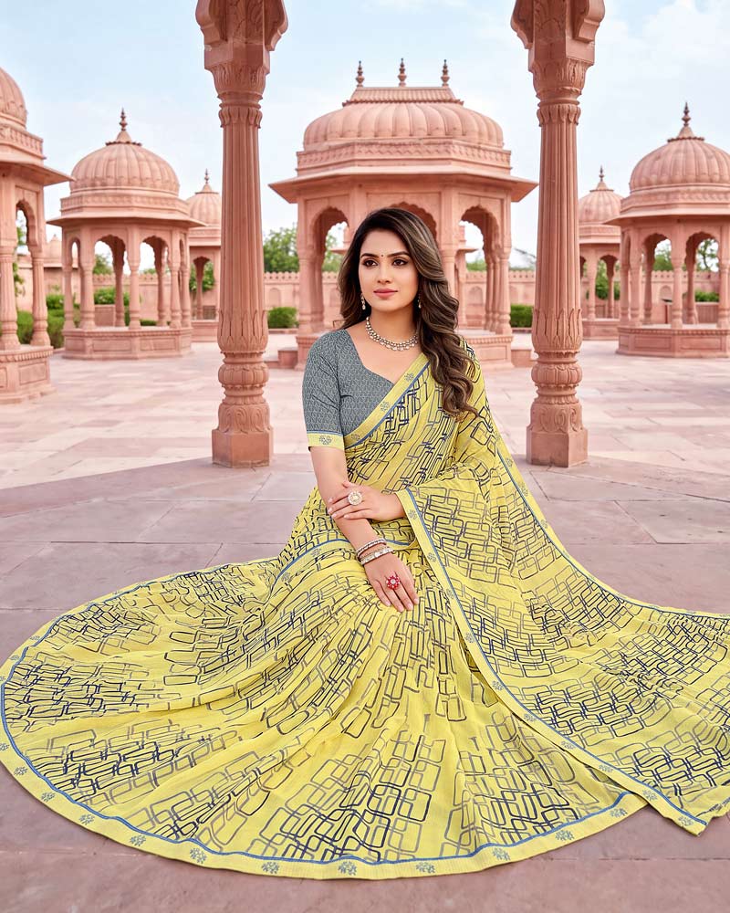 Vishal Prints Pastel Straw Yellow Printed Georgette Saree With Fancy Border