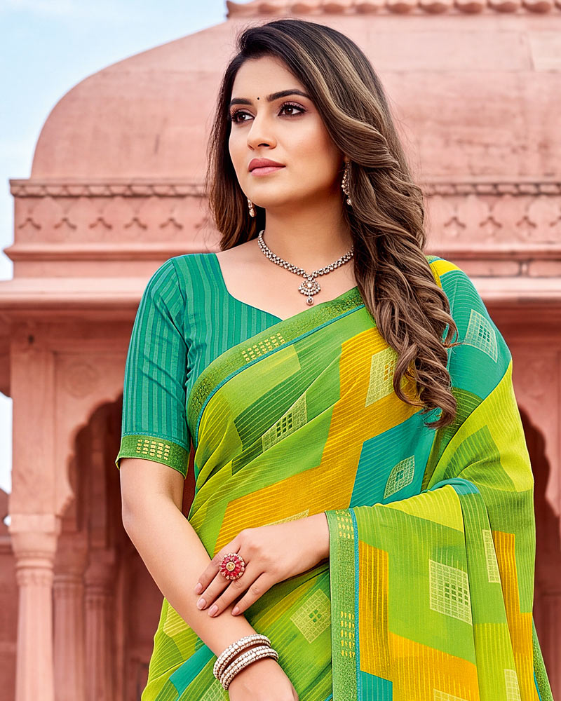 Vishal Prints Multi Green Printed Georgette Saree With Fancy Border