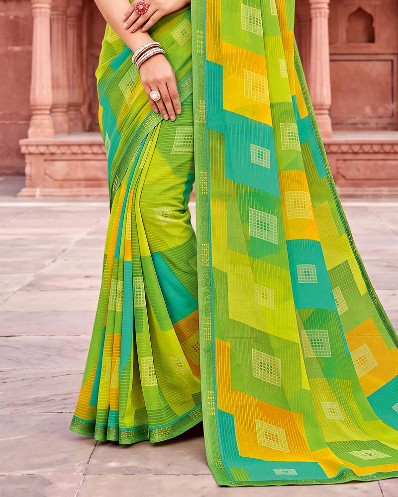Vishal Prints Multi Green Printed Georgette Saree With Fancy Border