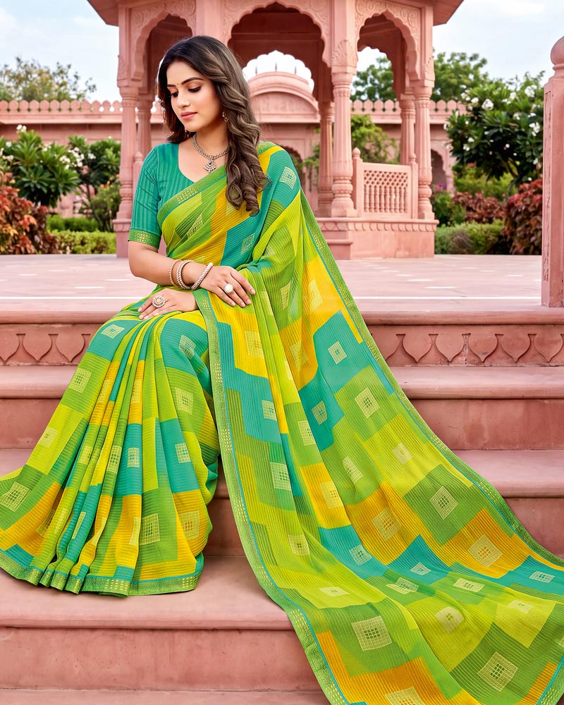 Vishal Prints Multi Green Printed Georgette Saree With Fancy Border