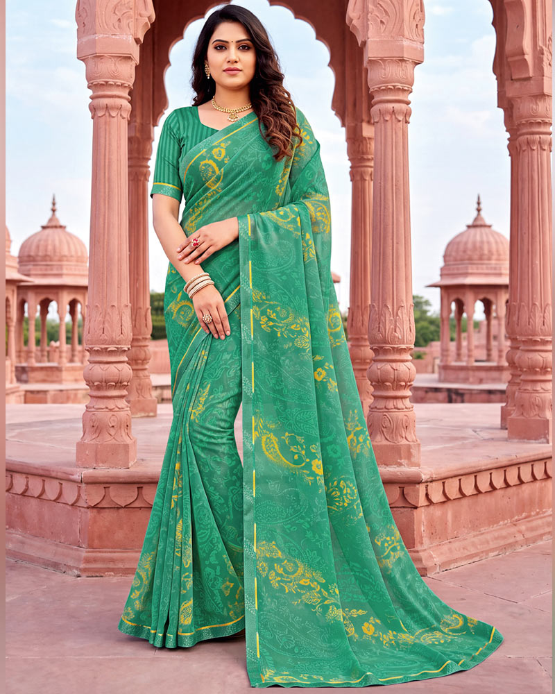 Vishal Prints Jade Green Printed Georgette Saree With Fancy Border