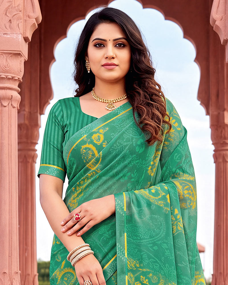Vishal Prints Jade Green Printed Georgette Saree With Fancy Border