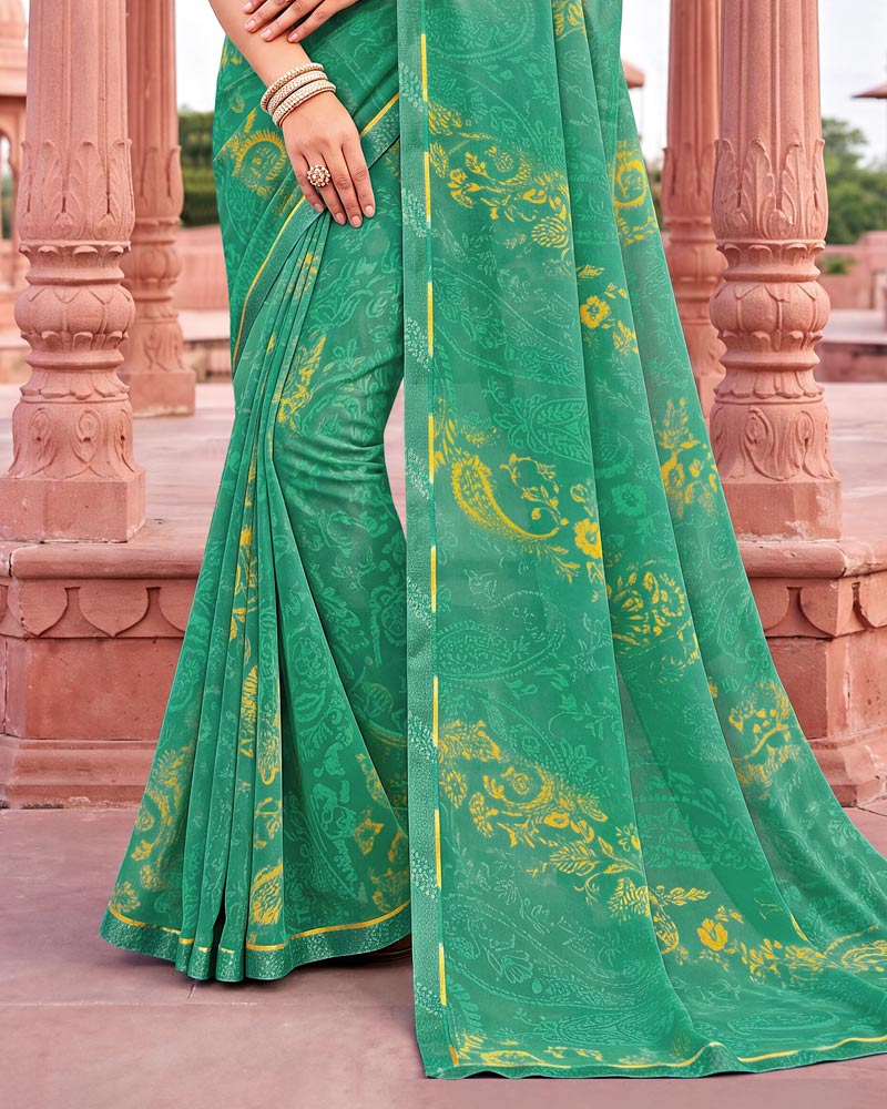 Vishal Prints Jade Green Printed Georgette Saree With Fancy Border