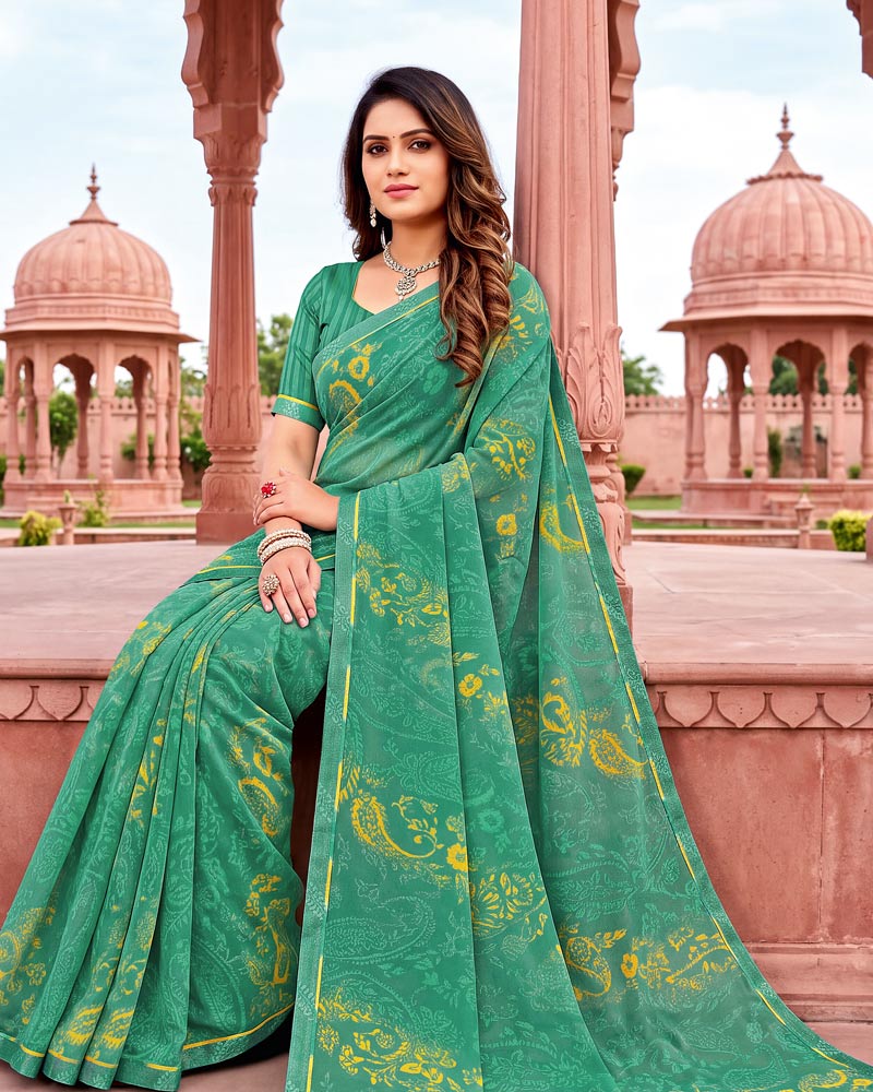 Vishal Prints Jade Green Printed Georgette Saree With Fancy Border