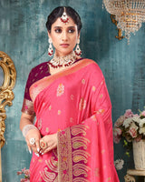 Vishal Prints Red Pink Dola Silk Weaving Work Saree With Border And Tassel