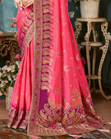 Vishal Prints Red Pink Dola Silk Weaving Work Saree With Border And Tassel