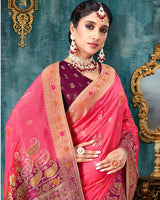 Vishal Prints Red Pink Dola Silk Weaving Work Saree With Border And Tassel