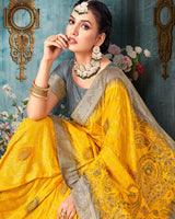 Vishal Prints Yellow Dola Silk Weaving Work Saree With Border And Tassel