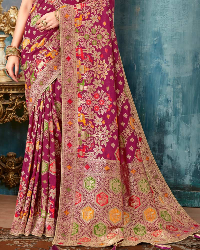 Vishal Prints Wine Dola Silk Weaving Work Saree With Border And Tassel