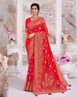 Vishal Prints Cherry Red Designer Dola Silk Weaving And Diamond Work Saree With Core Piping