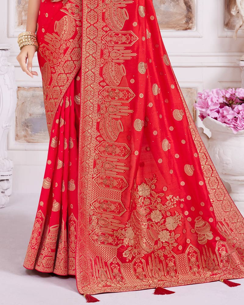 Vishal Prints Cherry Red Designer Dola Silk Weaving And Diamond Work Saree With Core Piping
