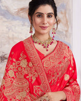Vishal Prints Cherry Red Designer Dola Silk Weaving And Diamond Work Saree With Core Piping