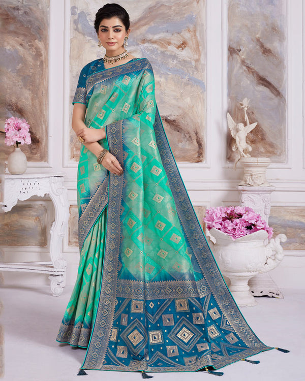 Vishal Prints Aqua Green Designer Dola Silk Weaving And Diamond Work Saree With Core Piping