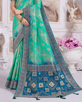 Vishal Prints Aqua Green Designer Dola Silk Weaving And Diamond Work Saree With Core Piping