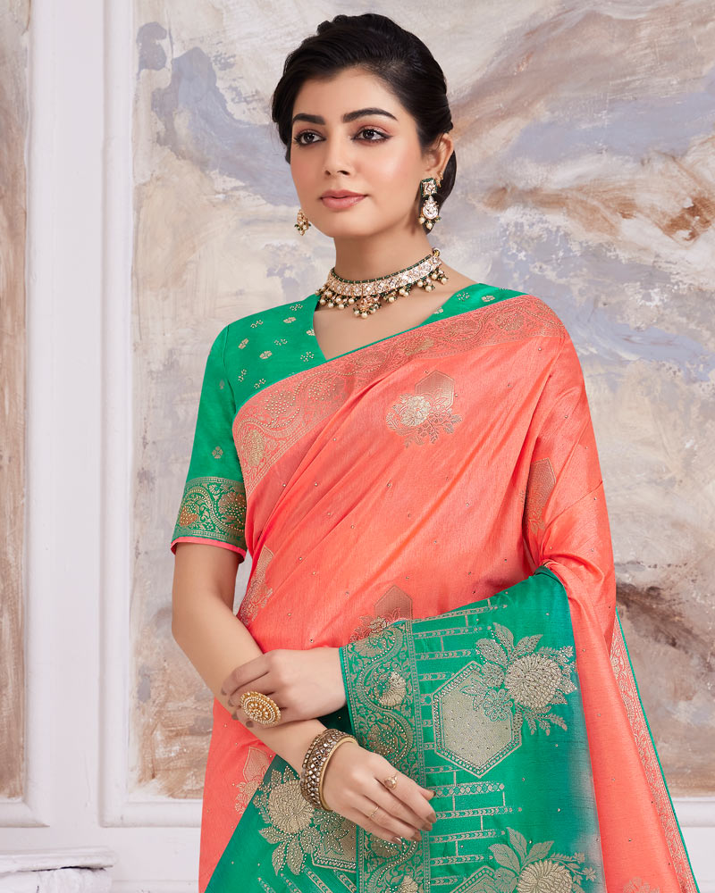 Vishal Prints Coral Designer Dola Silk Weaving And Diamond Work Saree With Core Piping