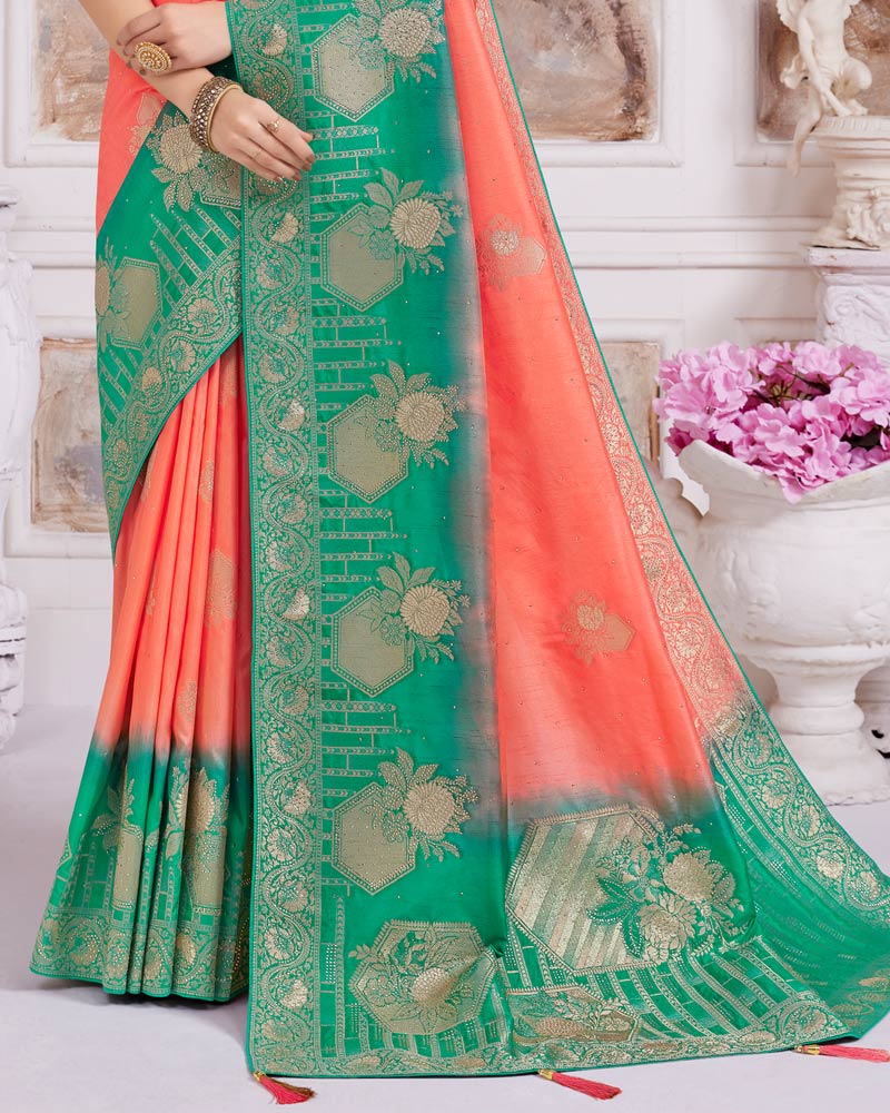 Vishal Prints Coral Designer Dola Silk Weaving And Diamond Work Saree With Core Piping