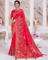 Vishal Prints Pinkish Red Designer Dola Silk Weaving And Diamond Work Saree With Core Piping