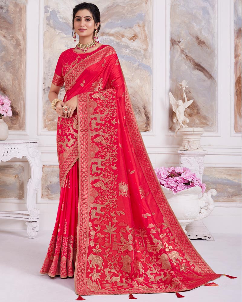 Vishal Prints Pinkish Red Designer Dola Silk Weaving And Diamond Work Saree With Core Piping