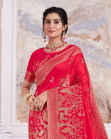 Vishal Prints Pinkish Red Designer Dola Silk Weaving And Diamond Work Saree With Core Piping