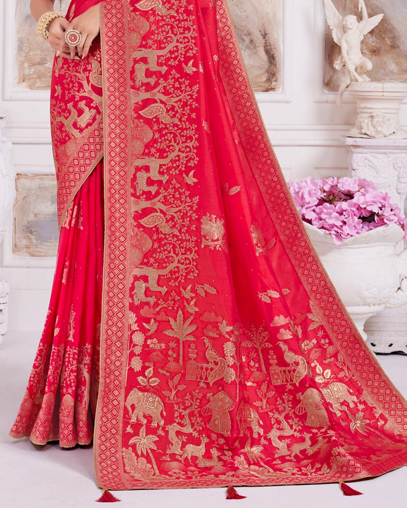 Vishal Prints Pinkish Red Designer Dola Silk Weaving And Diamond Work Saree With Core Piping