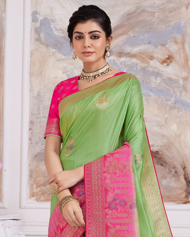 Vishal Prints Olivine Designer Dola Silk Weaving And Diamond Work Saree With Core Piping