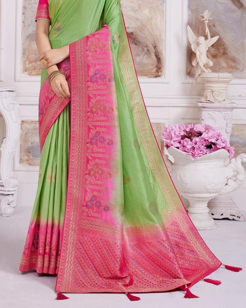 Vishal Prints Olivine Designer Dola Silk Weaving And Diamond Work Saree With Core Piping
