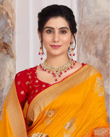 Vishal Prints Golden Yellow Designer Dola Silk Weaving And Diamond Work Saree With Core Piping